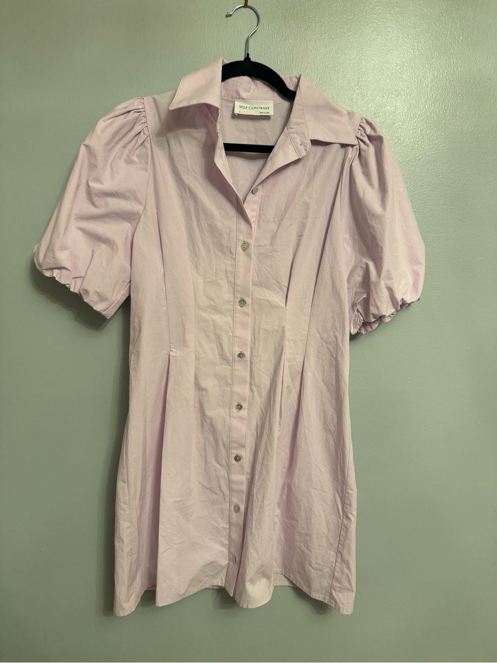 Self contrast  Anthropologie Lilac/pink Puff-Sleeve Mini Shirt Dress Small